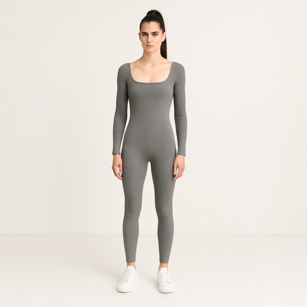 FCT with Love Gray Ribbed Knit Long Sleeve Square Neck One Piece Jumpsuit Size S